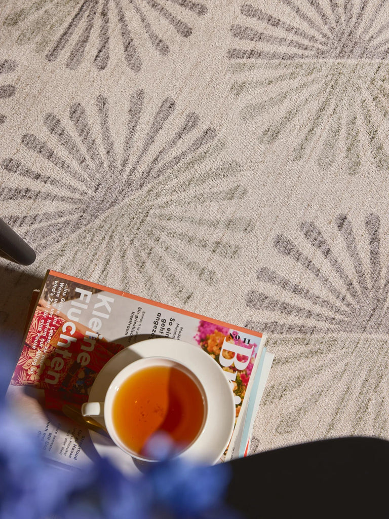 Tapis retro motif à fleurs rond beige et gris 160 cm de diamètre