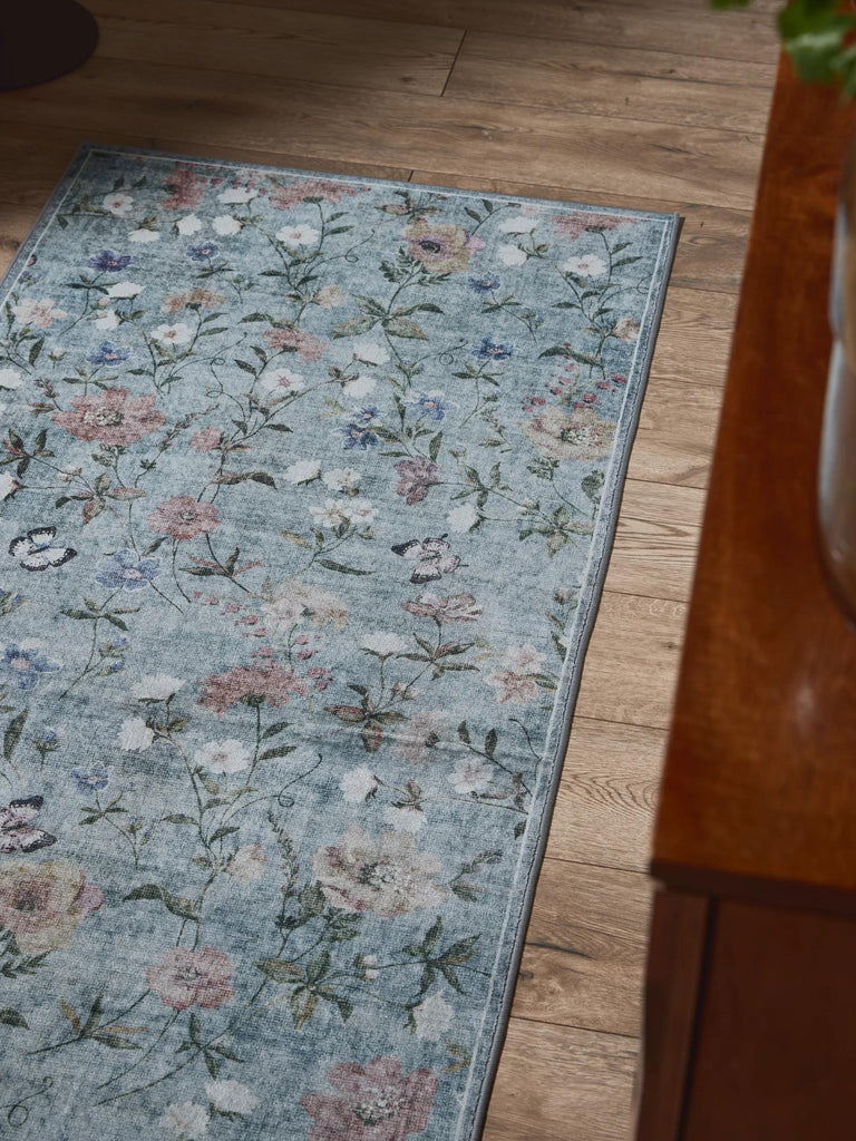 Tapis vintage motif à fleurs de couloir gris et bleu 80x240 cm