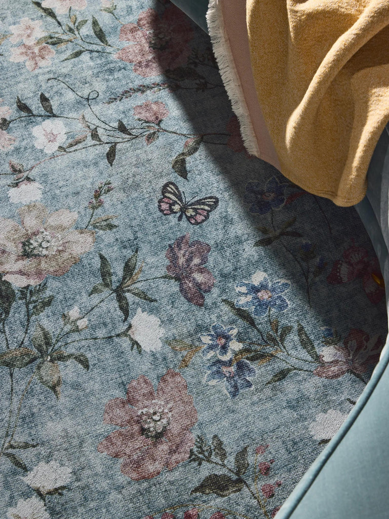 Tapis vintage motif à fleurs gris et bleu 80x150 cm