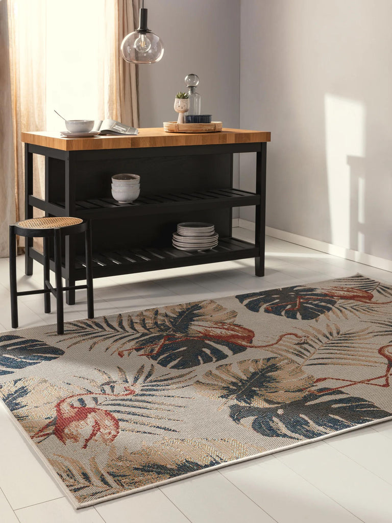 Tapis moderne feuilles et flamants vert et beige d'intérieur et d'extérieur 80x150 cm