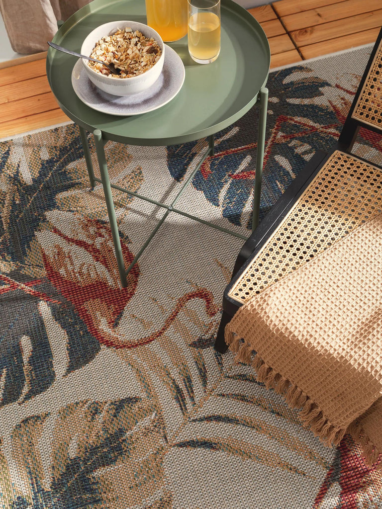 Tapis moderne feuilles et flamants vert et beige d'intérieur et d'extérieur 80x150 cm