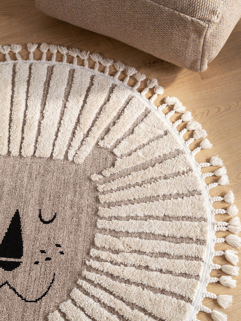 Tapis scandinave motif animal lion rond enfant beige 120 cm de diamètre