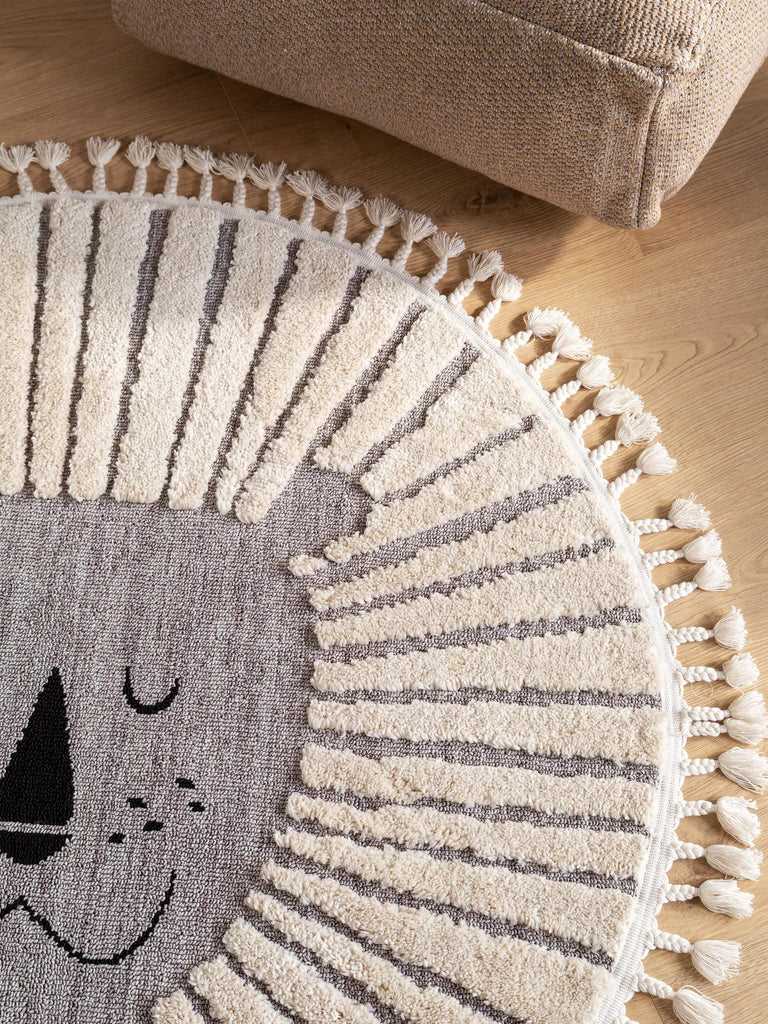 Tapis scandinave motif animal lion rond enfant gris 120 cm de diamètre