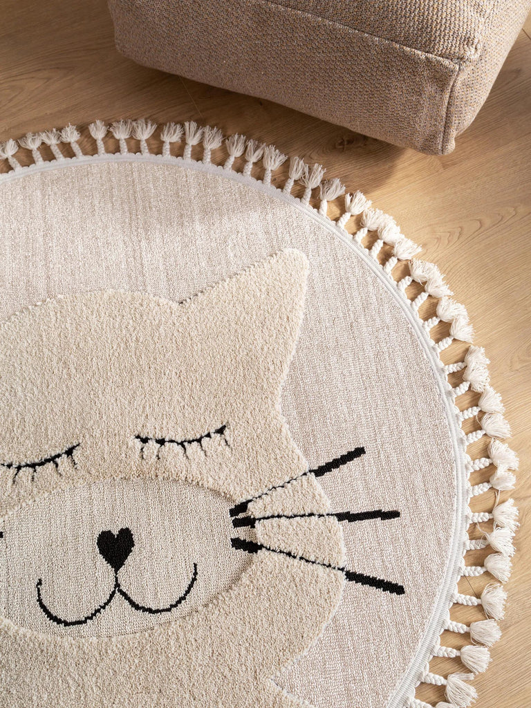 Tapis scandinave motif animal chat rond enfant crème 120 cm de diamètre