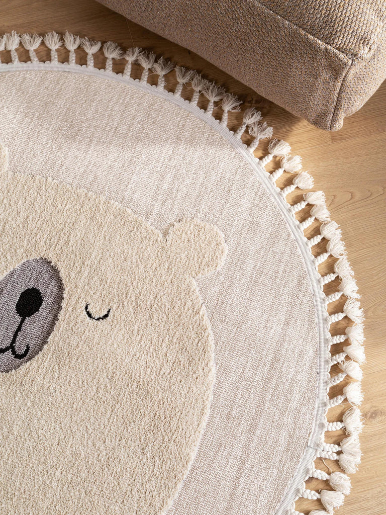 Tapis scandinave motif animal ourson rond enfant crème 120 cm de diamètre