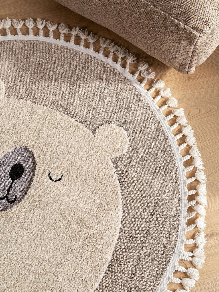 Tapis scandinave motif animal ourson rond enfant beige 120 cm de diamètre