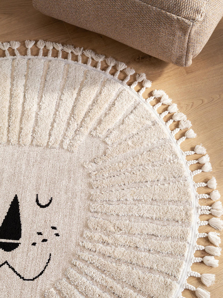 Tapis scandinave motif animal lion rond enfant crème 120 cm de diamètre