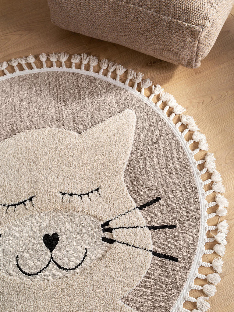 Tapis scandinave motif animal chat rond enfant beige 120 cm de diamètre
