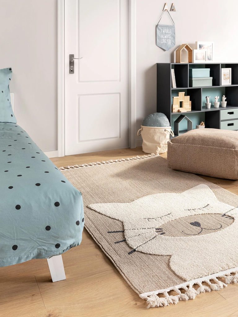 Tapis scandinave motif animal chat enfant beige 120x180 cm