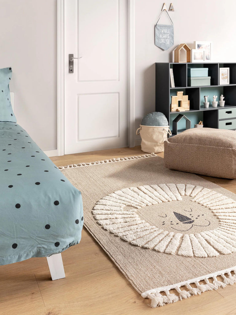 Tapis scandinave motif animal lion enfant beige 160x230 cm
