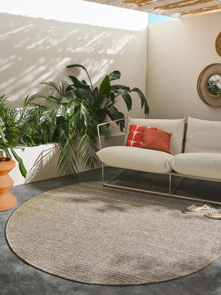 Tapis scandinave rayé rond beige d'intérieur et d'extérieur 200 cm de diamètre