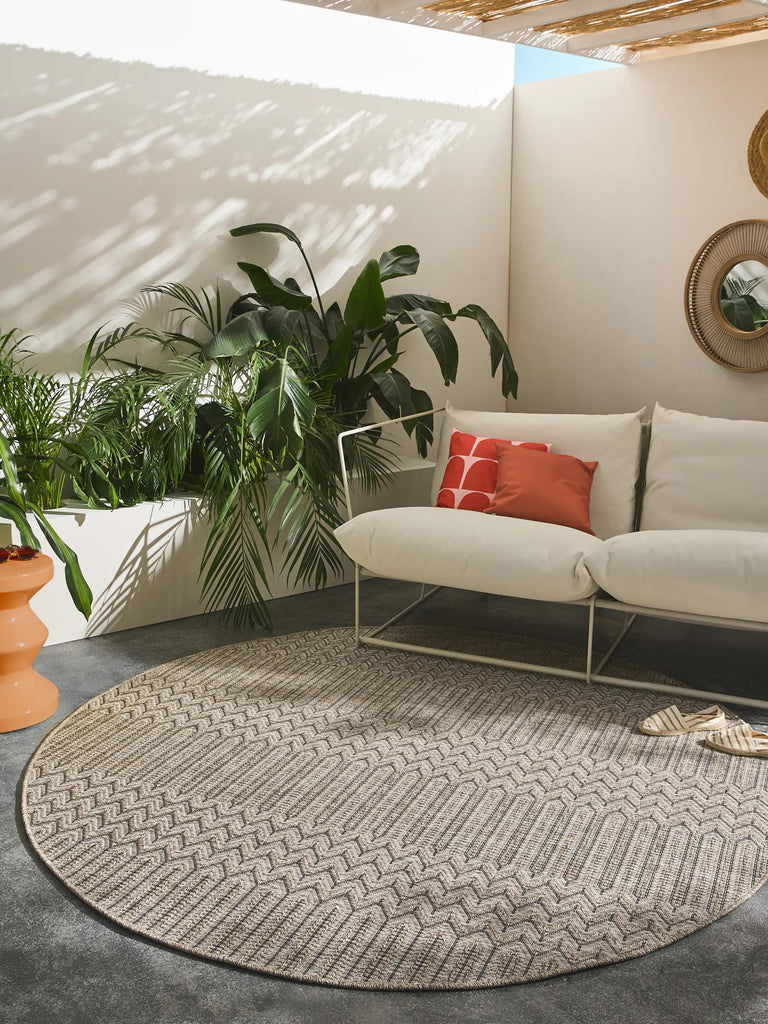 Tapis scandinave motif géométrique rond marron naturel d'intérieur et d'extérieur 200 cm de diamètre