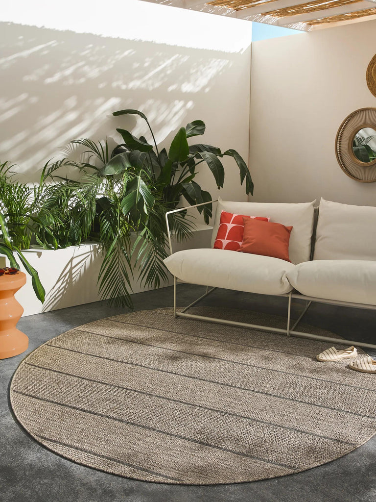 Tapis scandinave motif à bandes rond marron naturel d'intérieur et d'extérieur 200 cm de diamètre