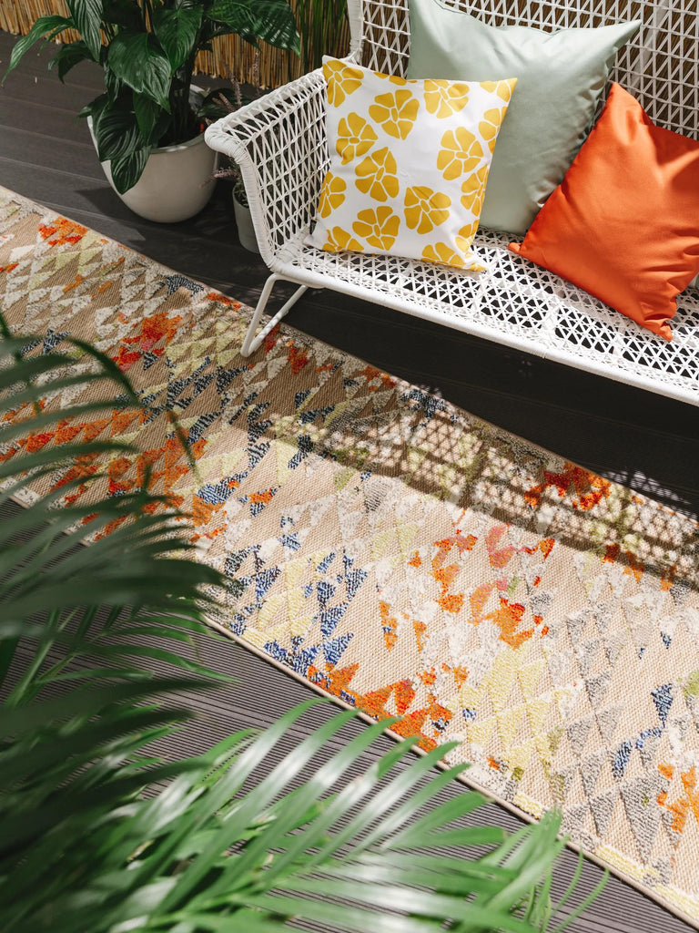 Tapis contemporain géométrique motif triangulaire de couloir multicolore d'intérieur et d'extérieur 70x240 cm