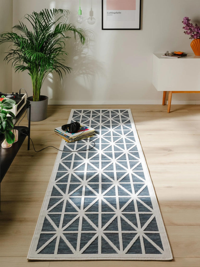Tapis géométrique losange de couloir bleu d'intérieur et d'extérieur 80x250 cm