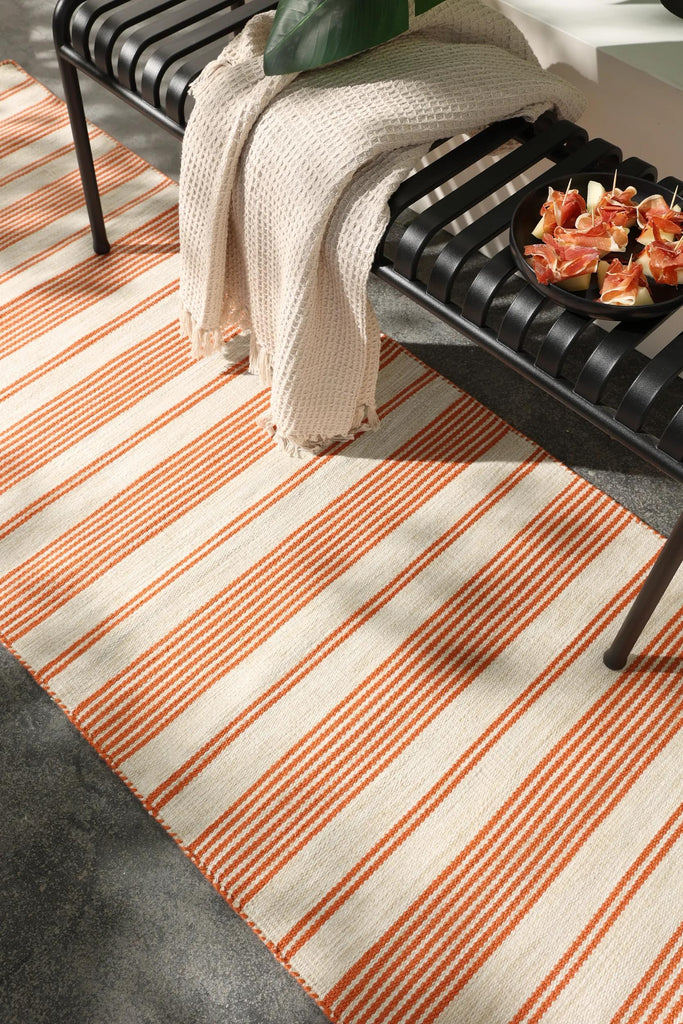 Tapis scandinave motif rayé de couloir beige et orange d'intérieur et d'extérieur 80x250 cm