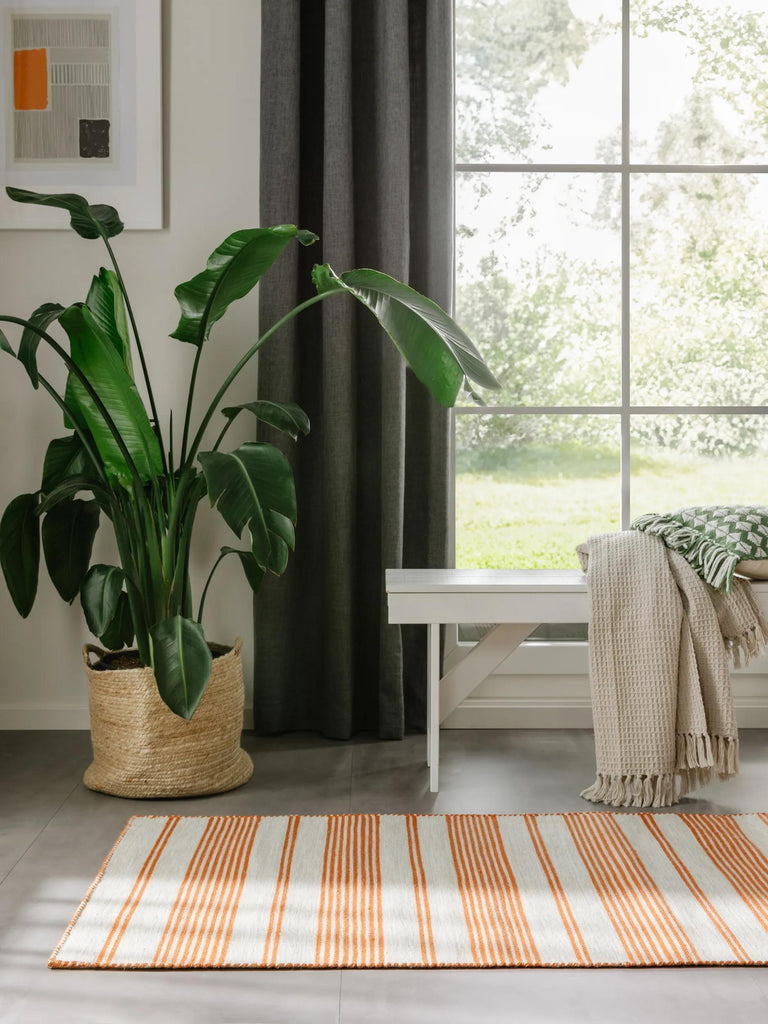 Tapis scandinave motif rayé de couloir beige et orange d'intérieur et d'extérieur 80x250 cm