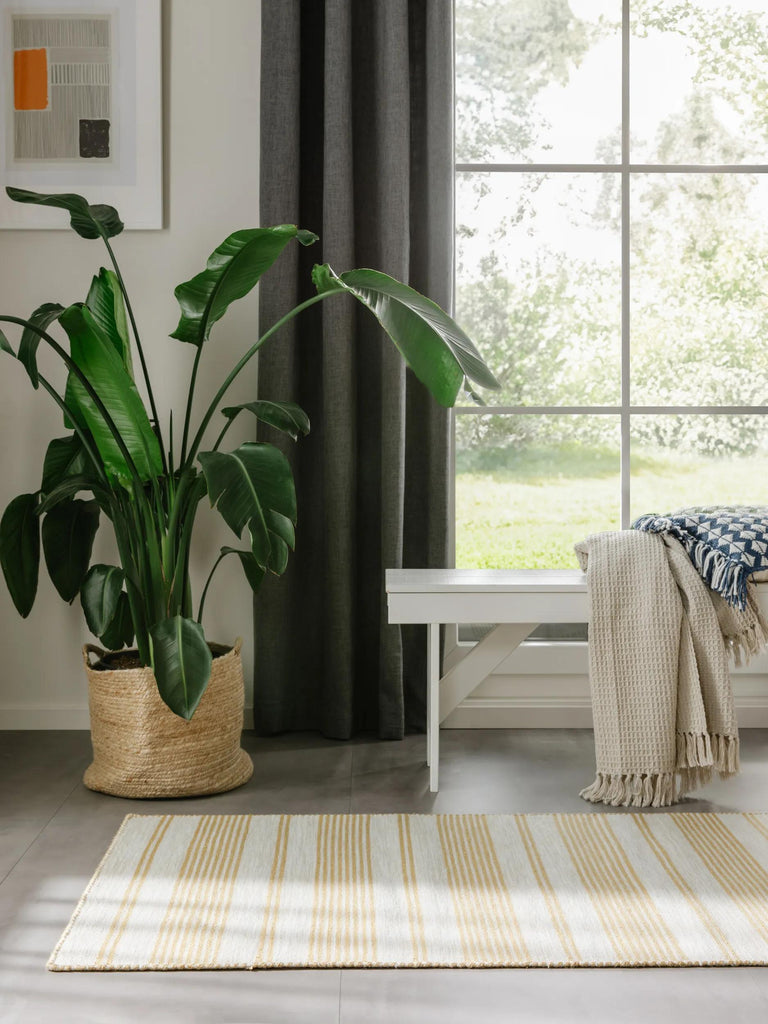 Tapis scandinave motif rayé de couloir beige et jaune d'intérieur et d'extérieur 80x250 cm