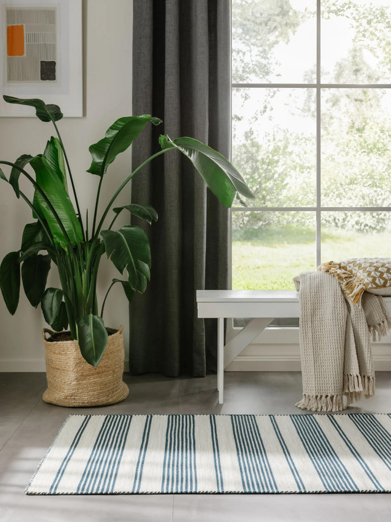 Tapis scandinave motif rayé de couloir beige et bleu d'intérieur et d'extérieur 80x250 cm