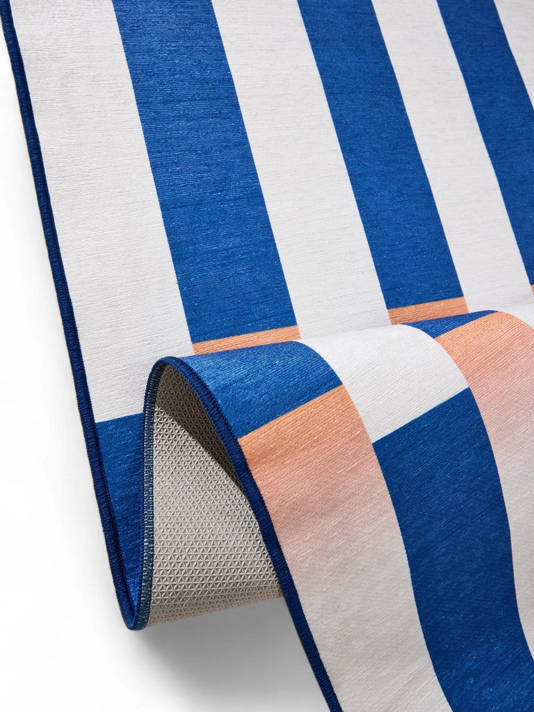 Tapis géométrique style rétro de couloir bleu et orange 70x200 cm