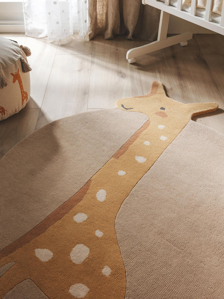 Tapis moderne  motif animaux rond enfant orange en laine 115x140 cm