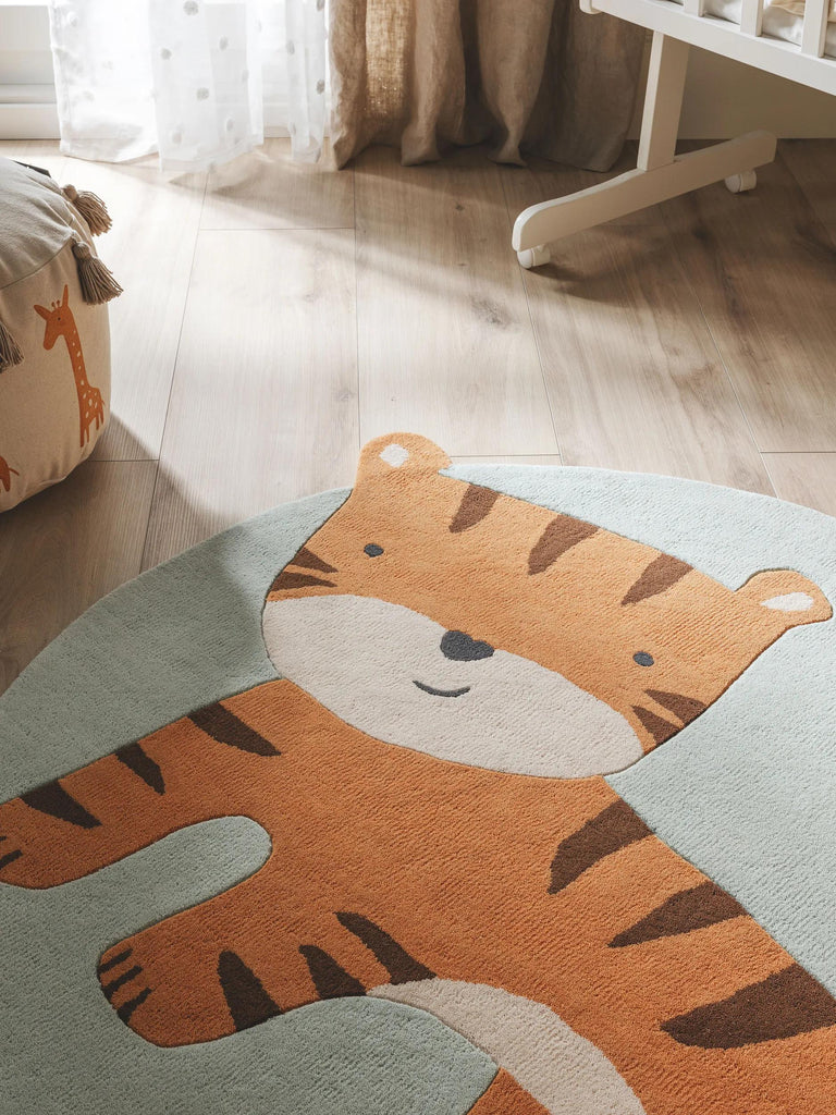 Tapis moderne  motif animaux rond enfant orange en laine 115x120 cm