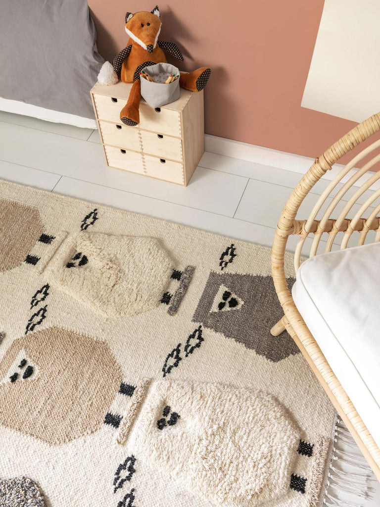 Tapis moderne  motif animaux enfant crème en laine 120x180 cm