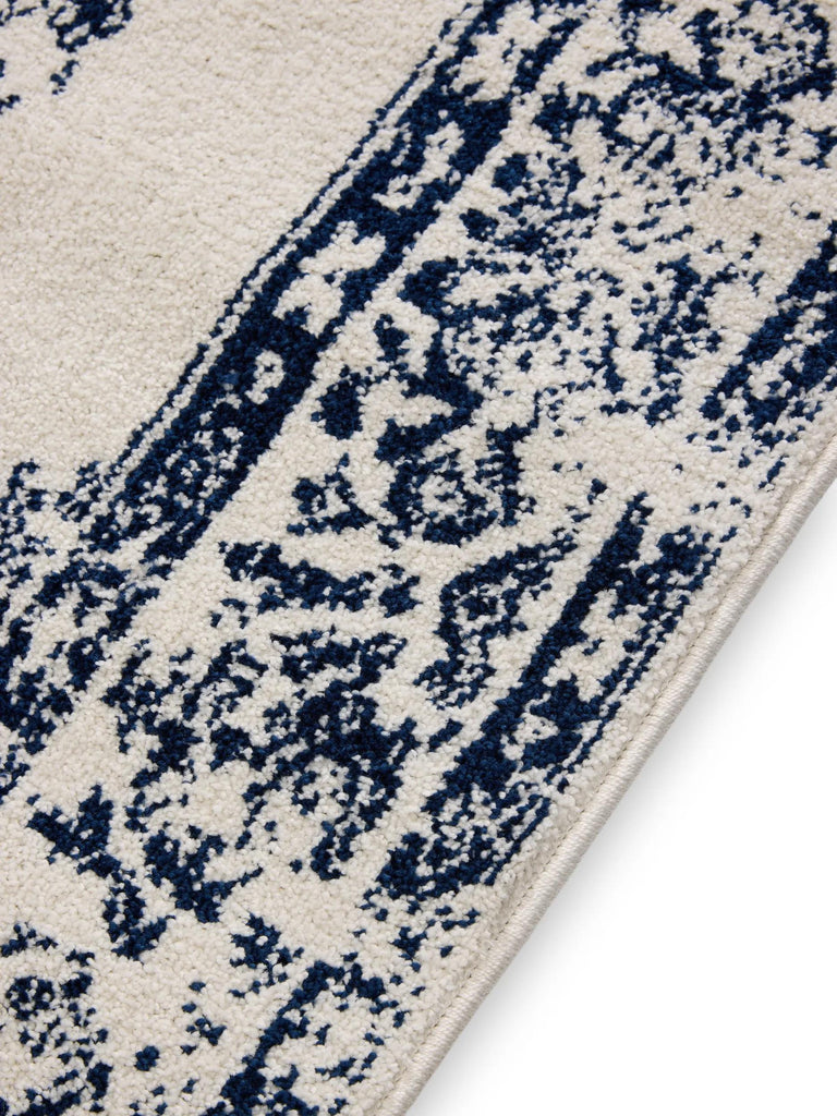 Tapis vintage motif oriental de couloir blanc et bleu foncé 80x240 cm