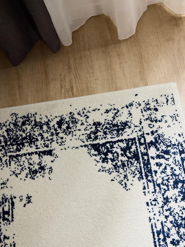 Tapis vintage motif oriental de couloir blanc et bleu foncé 80x240 cm