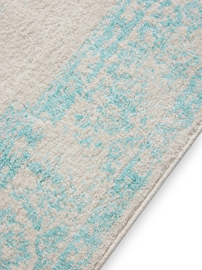 Tapis vintage motif oriental de couloir blanc et turquoise 80x240 cm