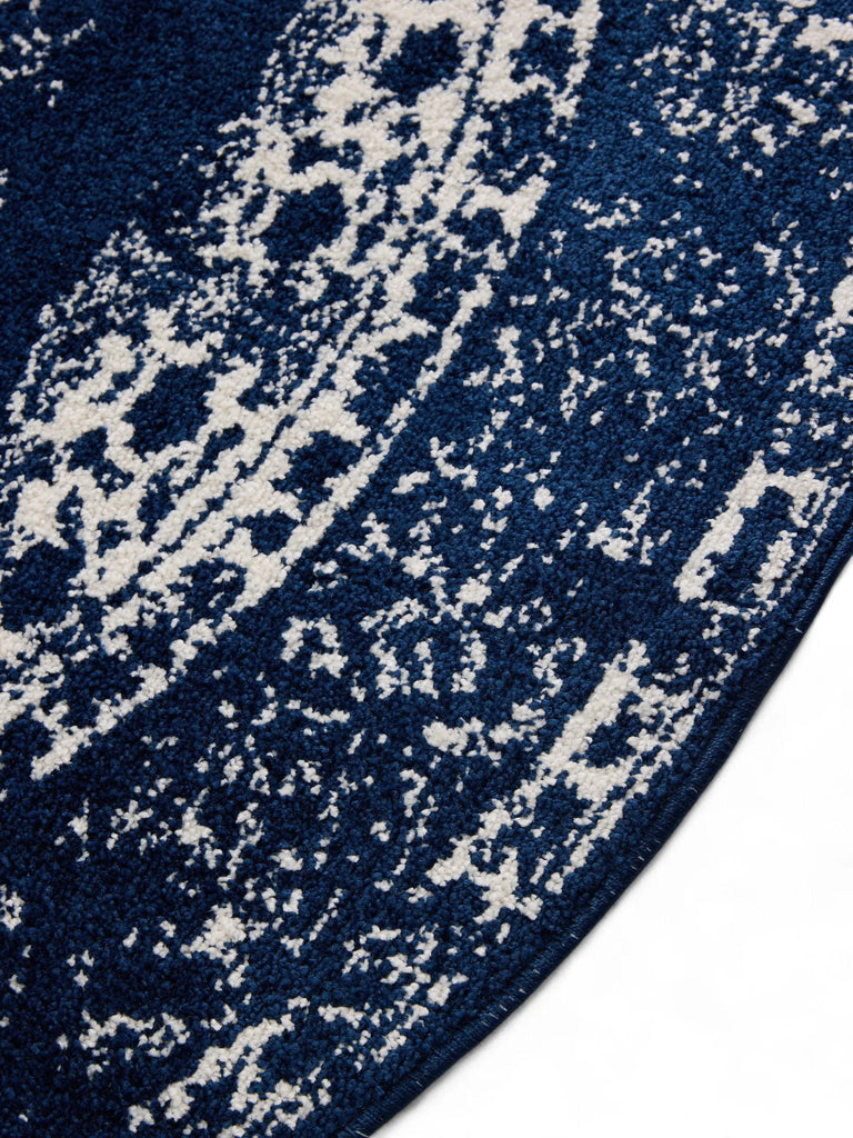 Tapis vintage motif oriental rond bleu foncé 160 cm de diamètre