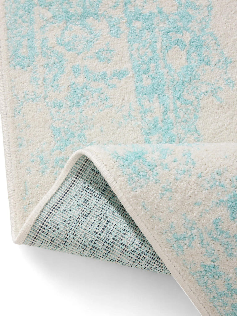 Tapis vintage motif oriental blanc et turquoise 60x120 cm