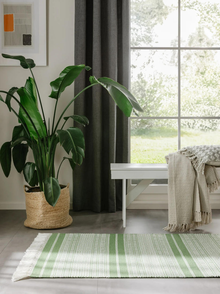 Tapis ethnique rayé à franges de couloir vert d'intérieur et d'extérieur 80x250 cm