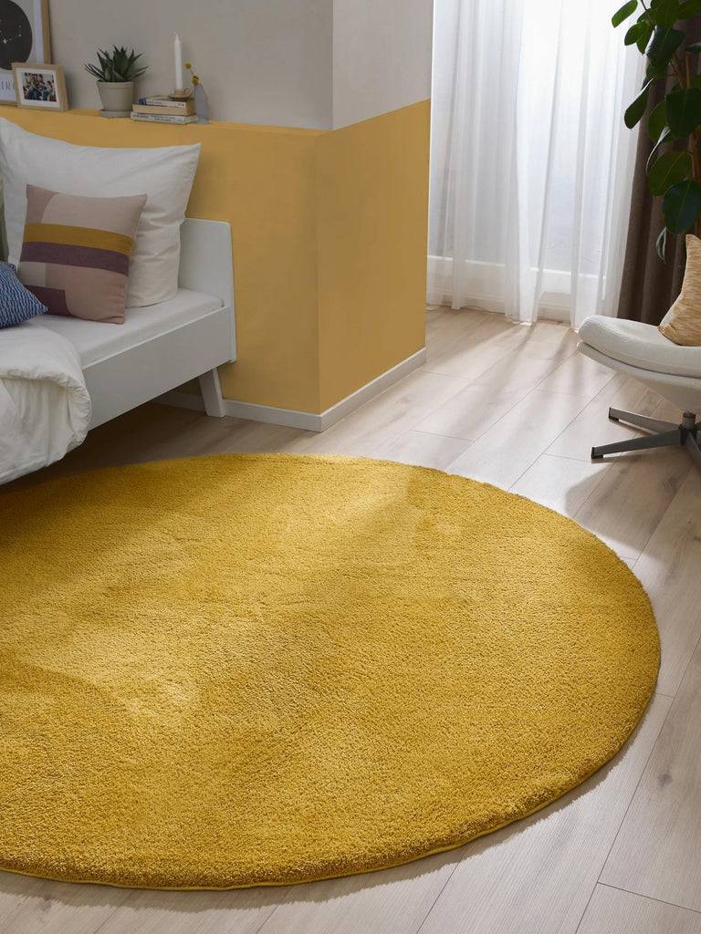 Tapis shaggy rond jaune moutarde 200 cm de diamètre
