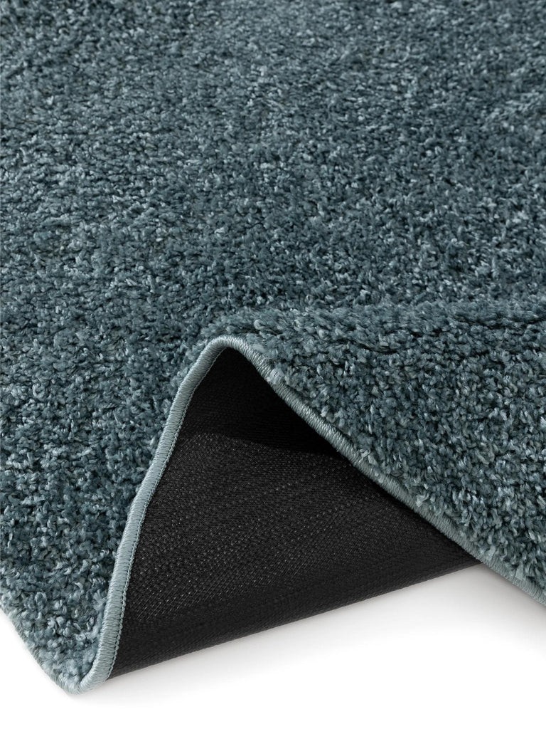 Tapis moderne uni poils longs frisés rond bleu pétrole lavable 120 cm de diamètre