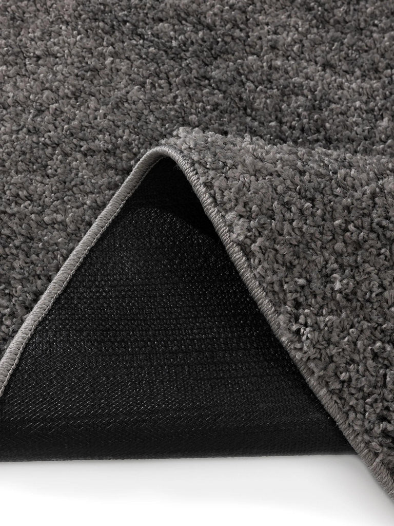 Tapis moderne uni poils longs frisés rond gris foncé lavable 80 cm de diamètre