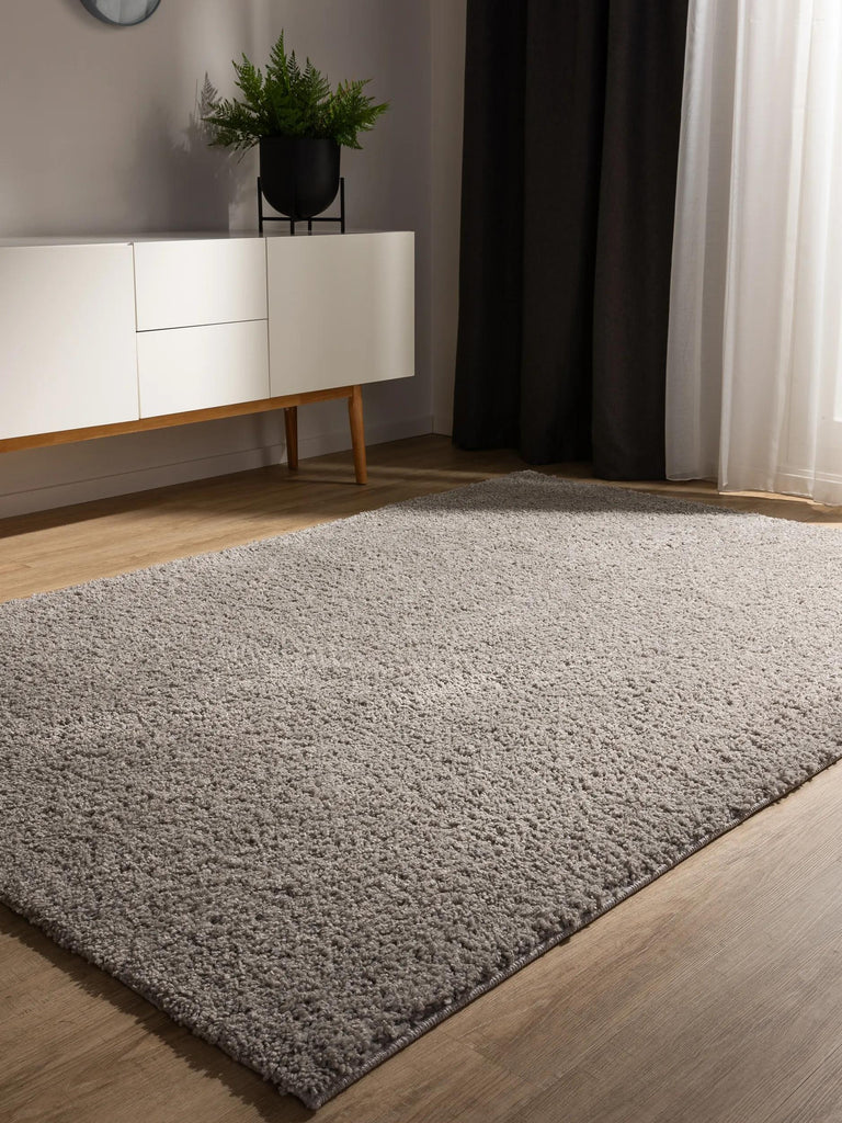 Tapis moderne uni poils longs frisés gris lavable 250x300 cm