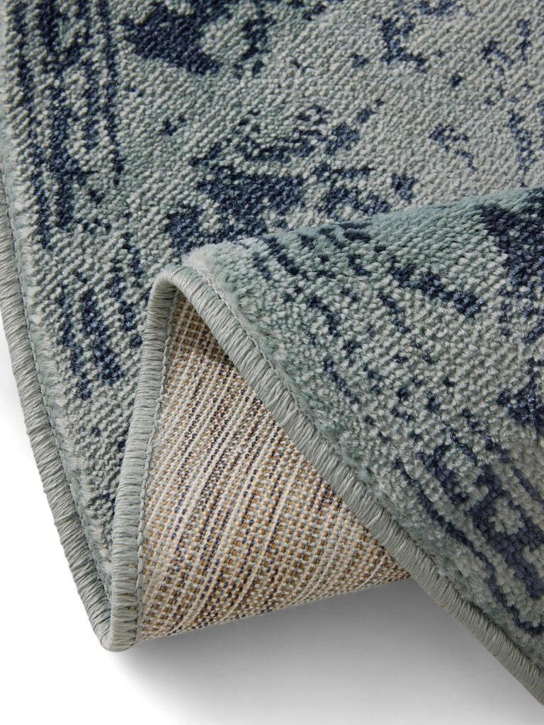 Tapis vintage motif floral rond vert et bleu 120 cm de diamètre