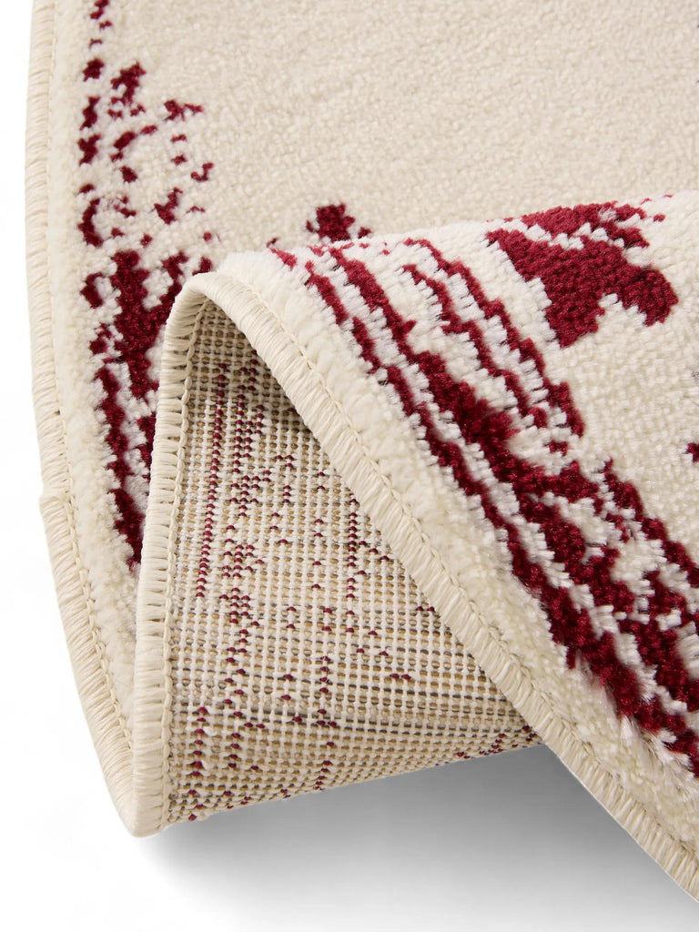 Tapis vintage motif floral rond beige et bordeaux 120 cm de diamètre