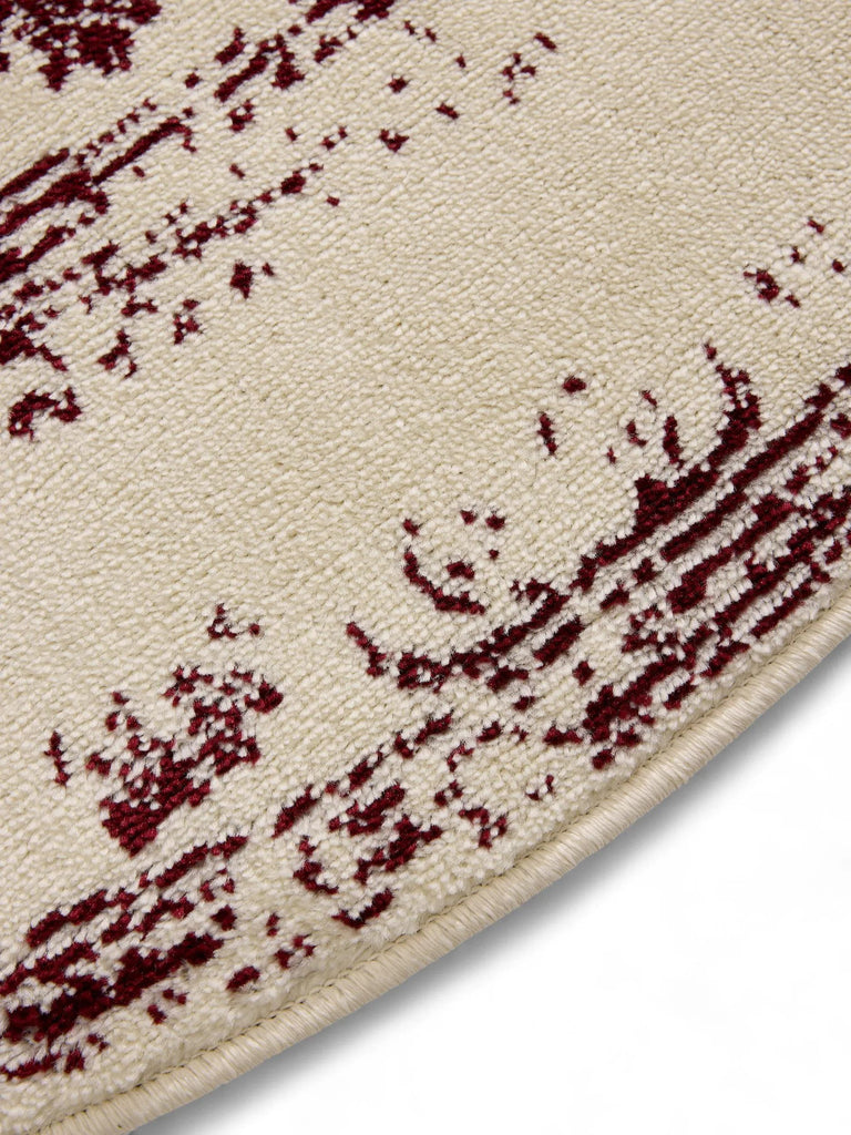 Tapis vintage motif floral rond beige et bordeaux 120 cm de diamètre