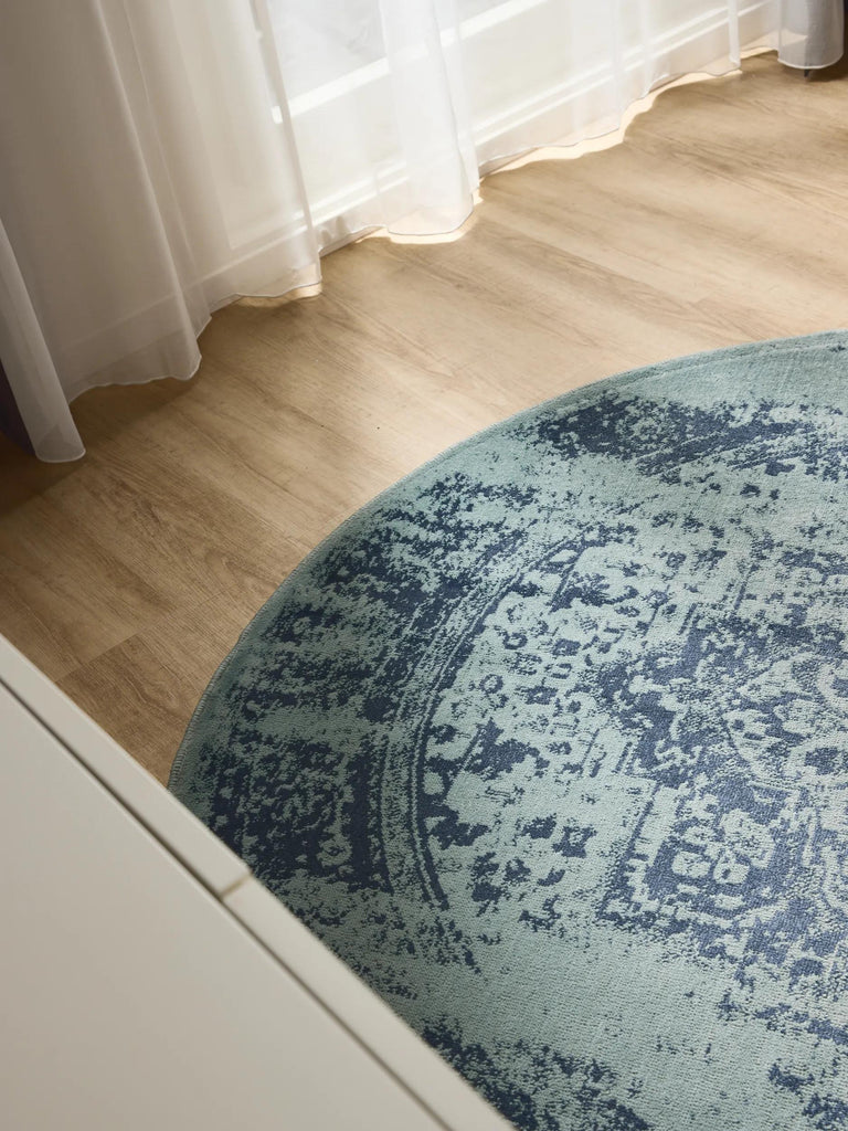 Tapis vintage oriental rond vert et bleu 120 cm de diamètre