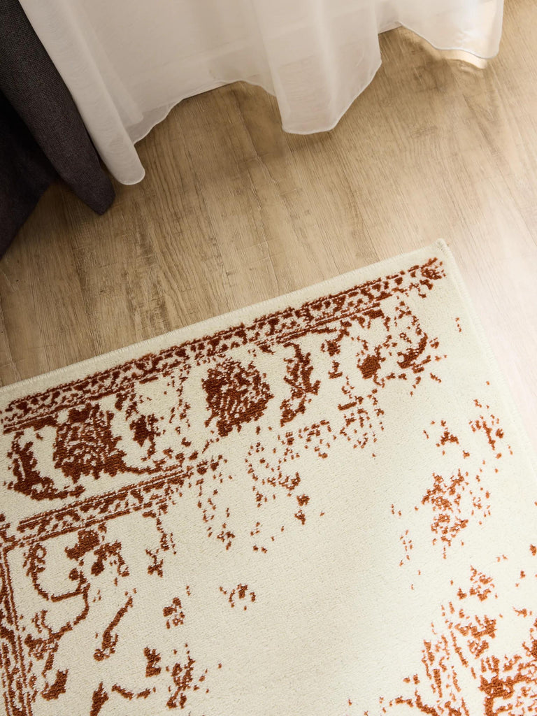 Tapis vintage motif floral de couloir crème et terracotta 80x240 cm