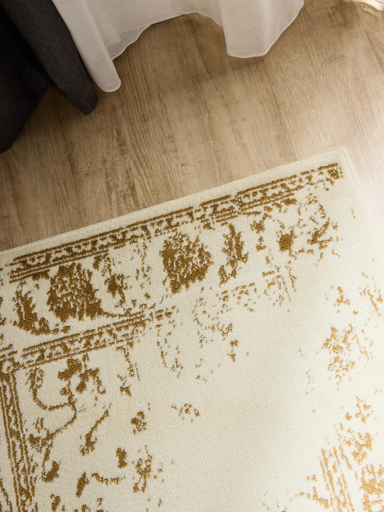 Tapis vintage motif floral de couloir beige et camel 80x240 cm