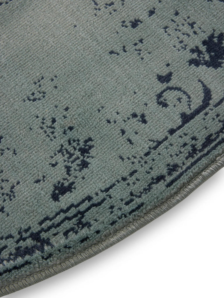 Tapis vintage motif floral rond vert et bleu 120 cm de diamètre