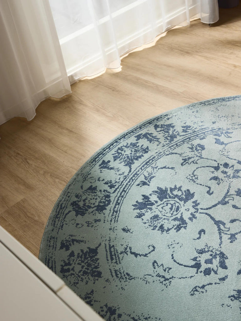 Tapis vintage motif floral rond vert et bleu 120 cm de diamètre