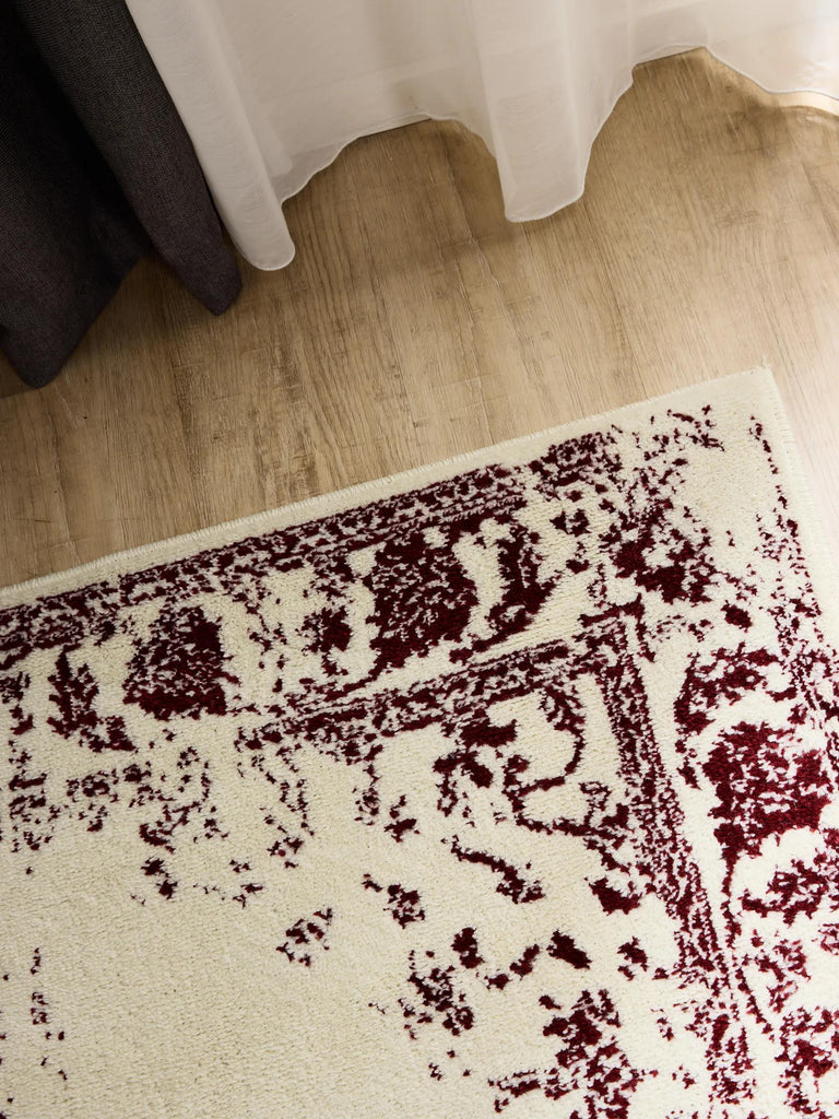 Tapis vintage motif floral de couloir beige et bordeaux 80x240 cm