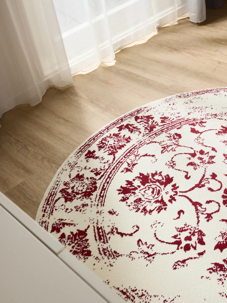 Tapis vintage motif floral rond beige et bordeaux 160 cm de diamètre