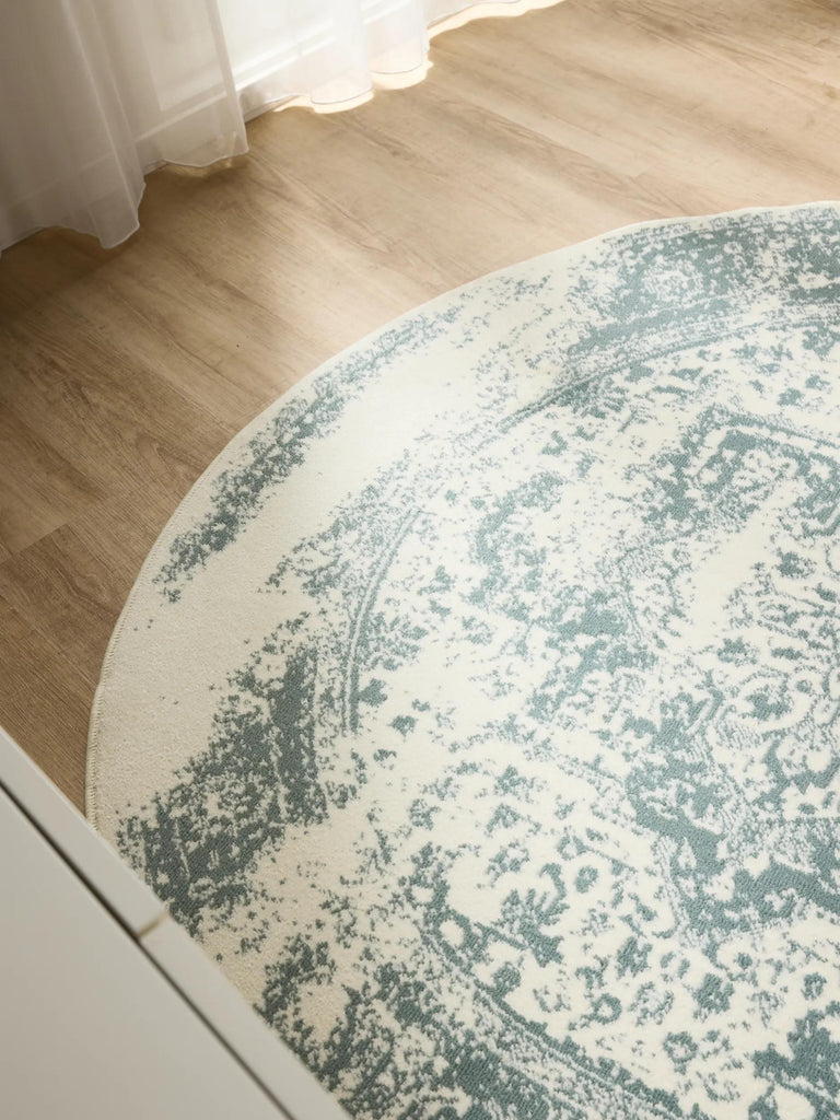 Tapis vintage oriental rond beige et vert 160 cm de diamètre