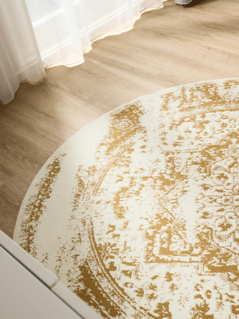 Tapis vintage oriental rond beige et camel 160 cm de diamètre