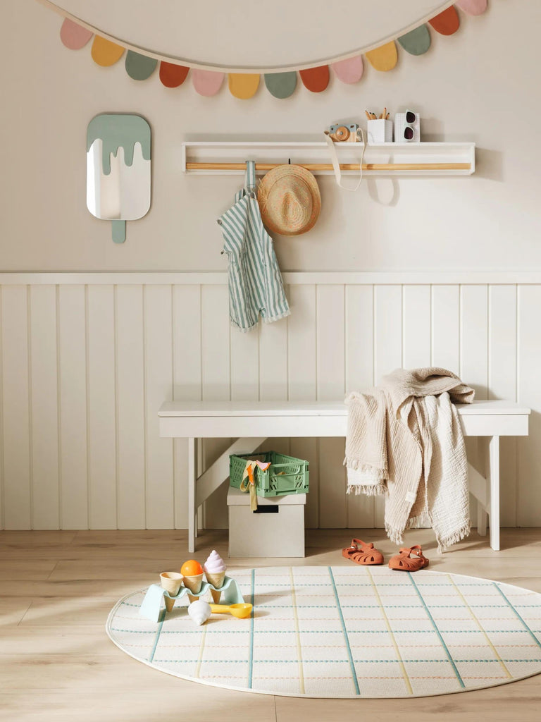 Tapis géométrique motif à carreaux rond multicolore d'intérieur et d'extérieur 120 cm de diamètre